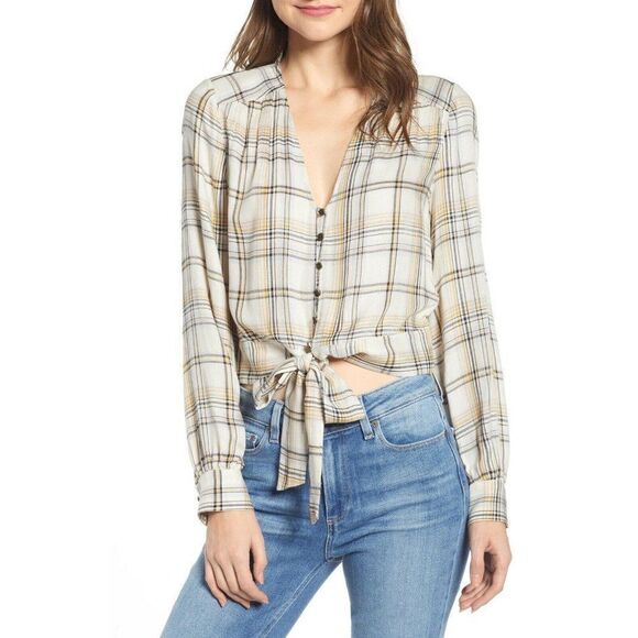 Paige Alynna Plaid Tie Front Shirt V-Neck Large - Picture 2 of 7